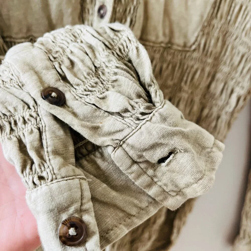 Anthropologie Pilcro XS - S Green Olive Stretch Smocked Shacket Pockets‎ Button